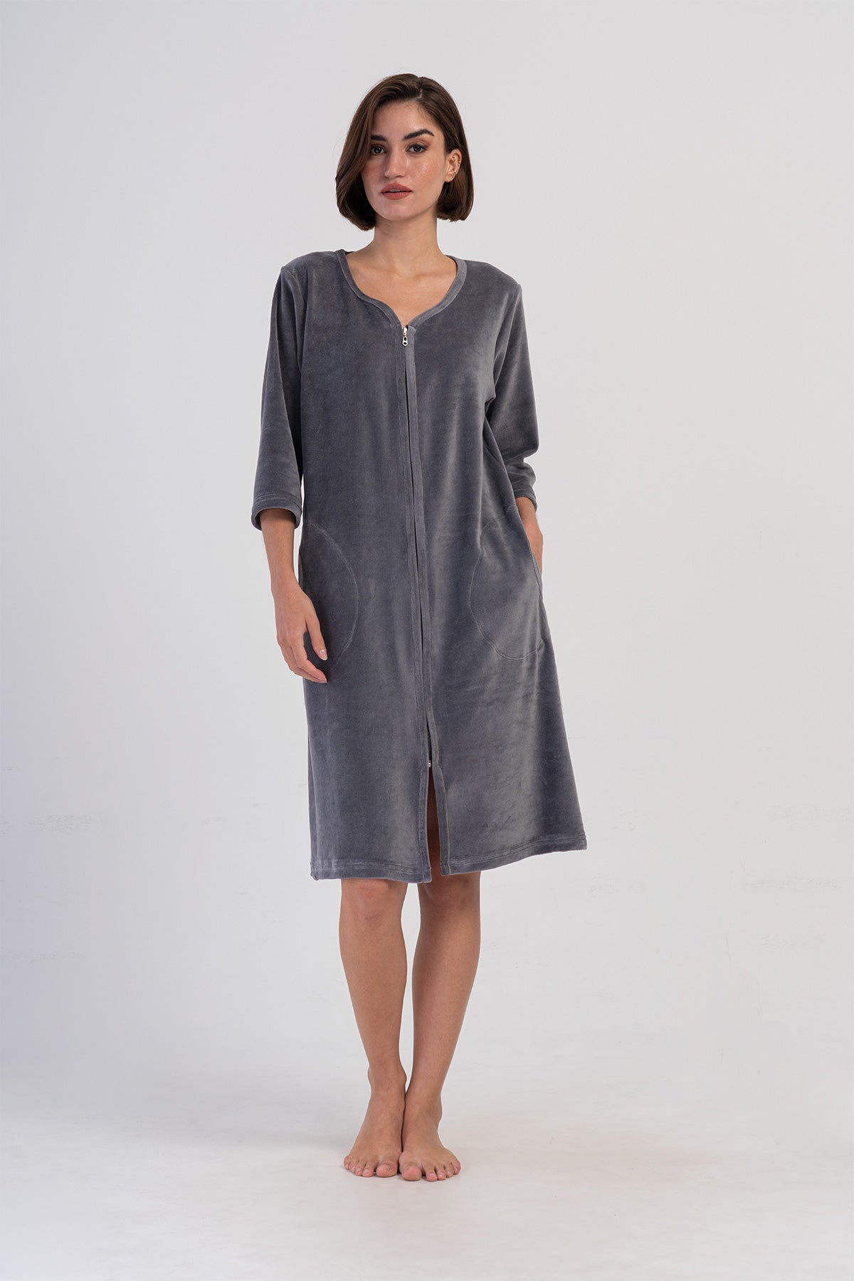 KADIN KADIFE FERMUARLI 3/4KOL CEPLI EV ELBISESI