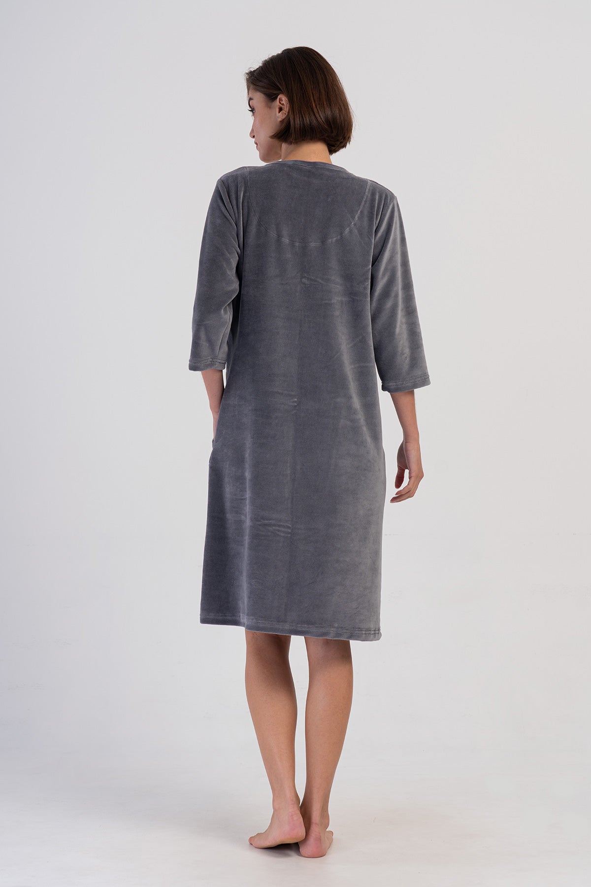 KADIN KADIFE FERMUARLI 3/4KOL CEPLI EV ELBISESI