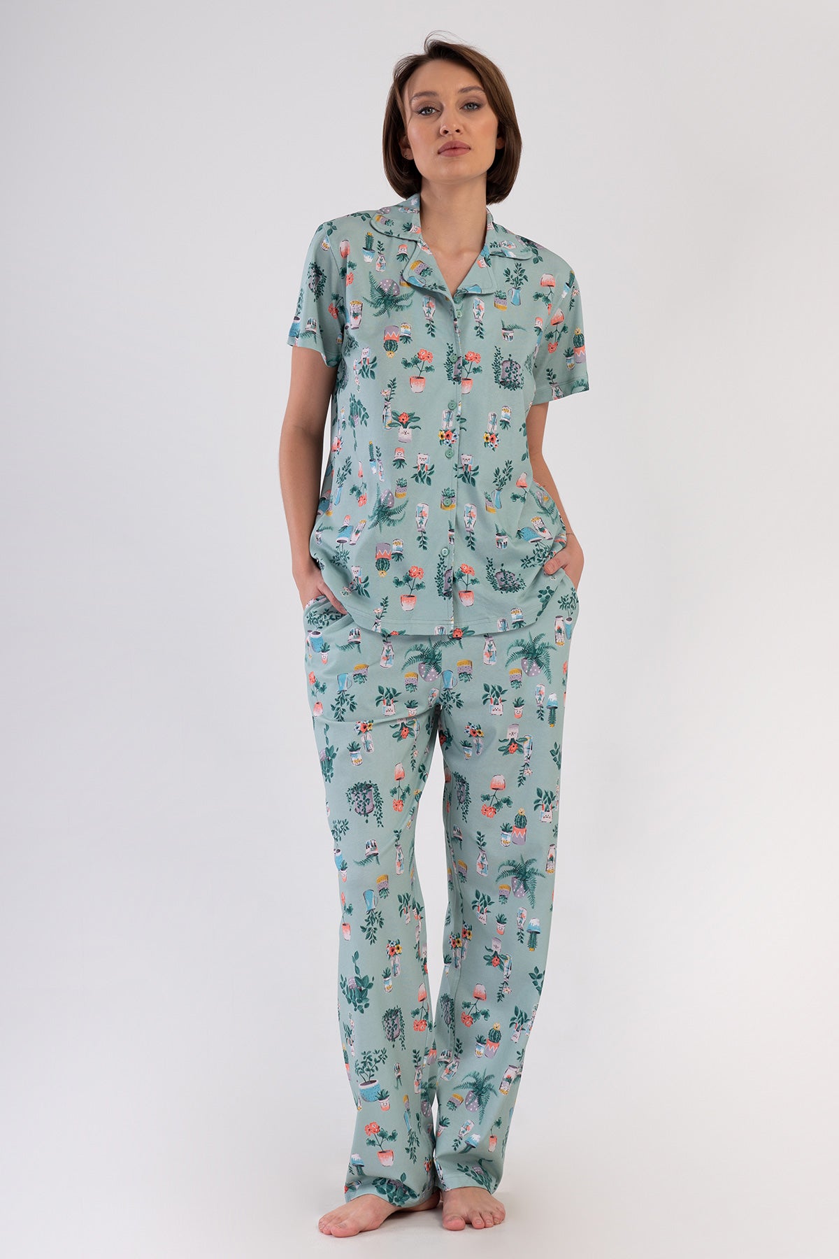 KADIN P.SUPREM XXL GOMLEK YAKA TAMAMI DUGMELI KISA KOL CEPLI PIJAMA TAKIM