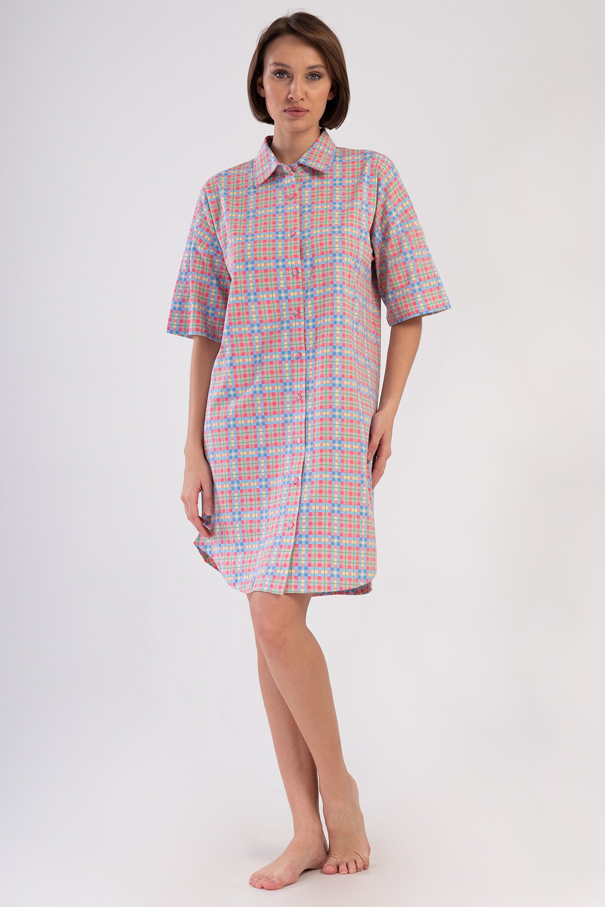 KADIN P.SUPREM DUSUK OMUZLU TAMAMI DUGMELI KISA KOL ETEGI OVAL GOMLEK TUNIK