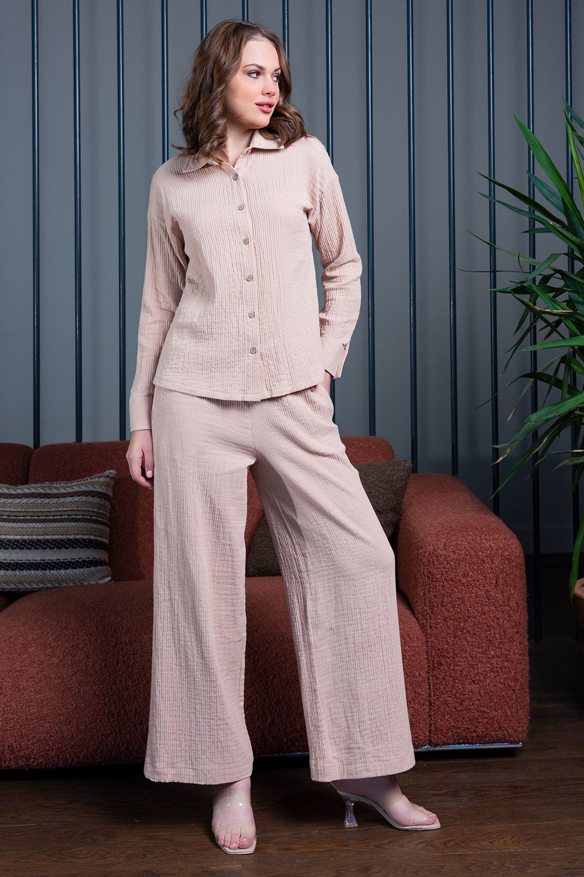 KADIN MUSLIN UZUN KOL GOMLEK BOL PANTOLON TAKIM