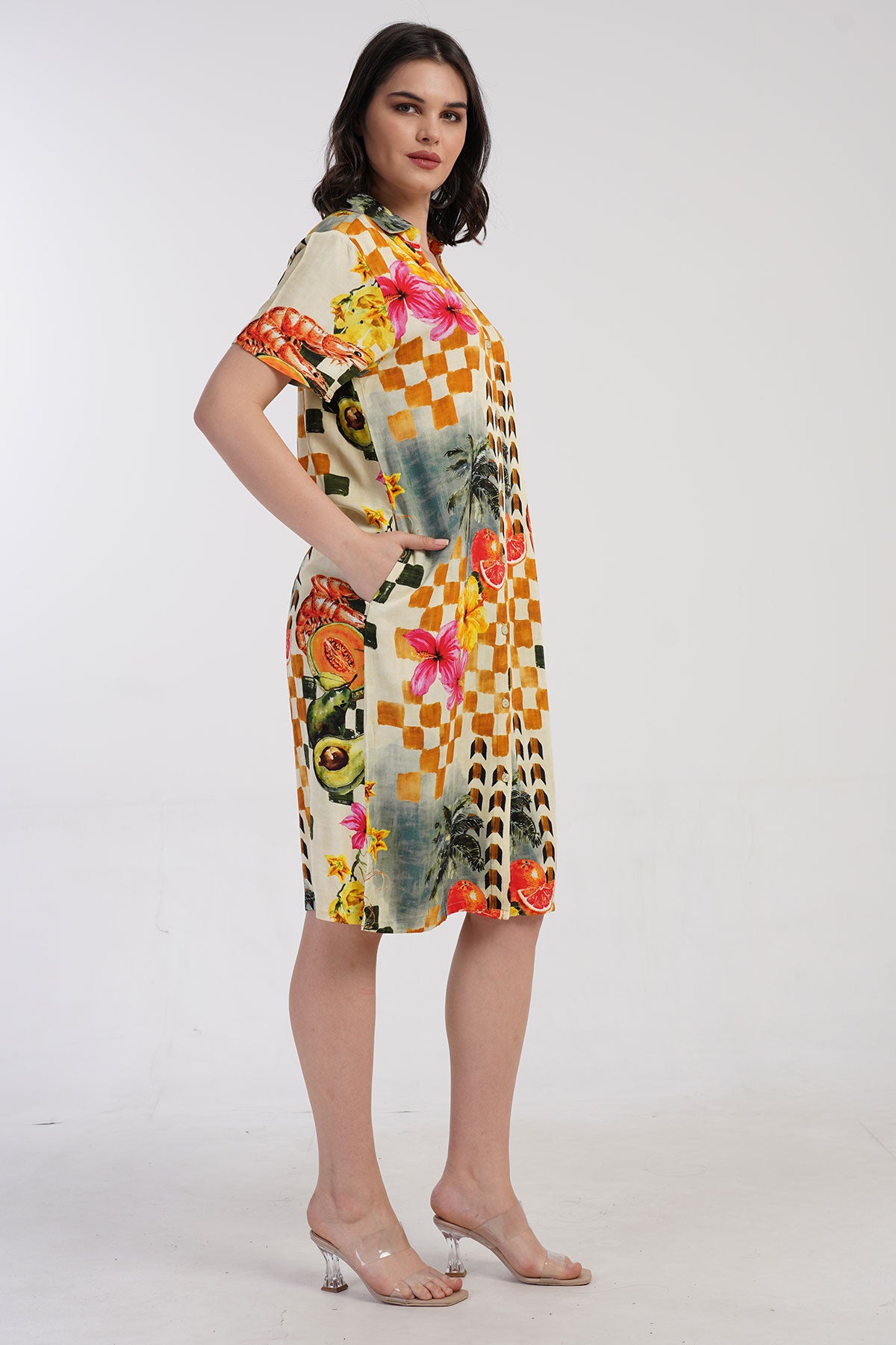 KADIN BELMANDO PATLI V YAKA KISA KOL YANLAR YIRTMACLI GOMLEK ELBISE