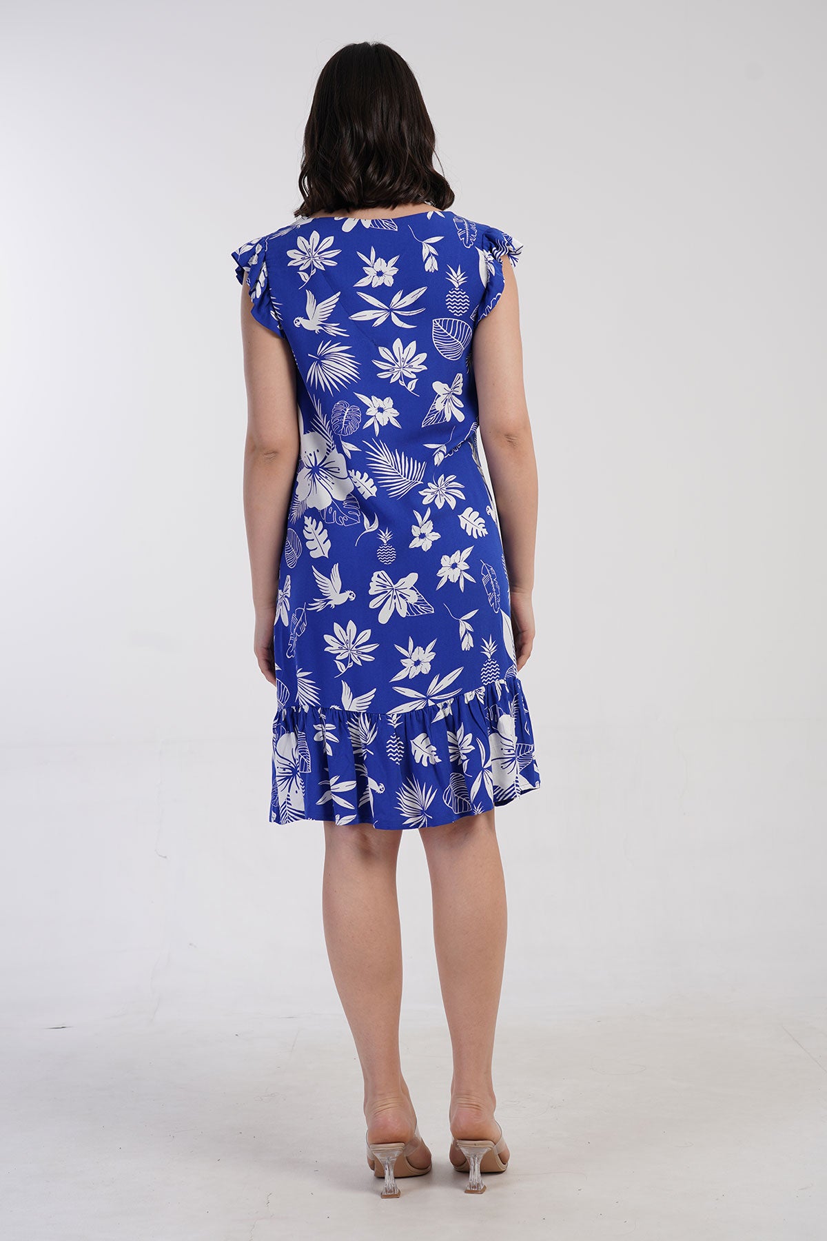 KADIN BELMANDO V YAKA KOLLARI FIRFIRLI ETEK PARCALI BUZGULU ELBISE