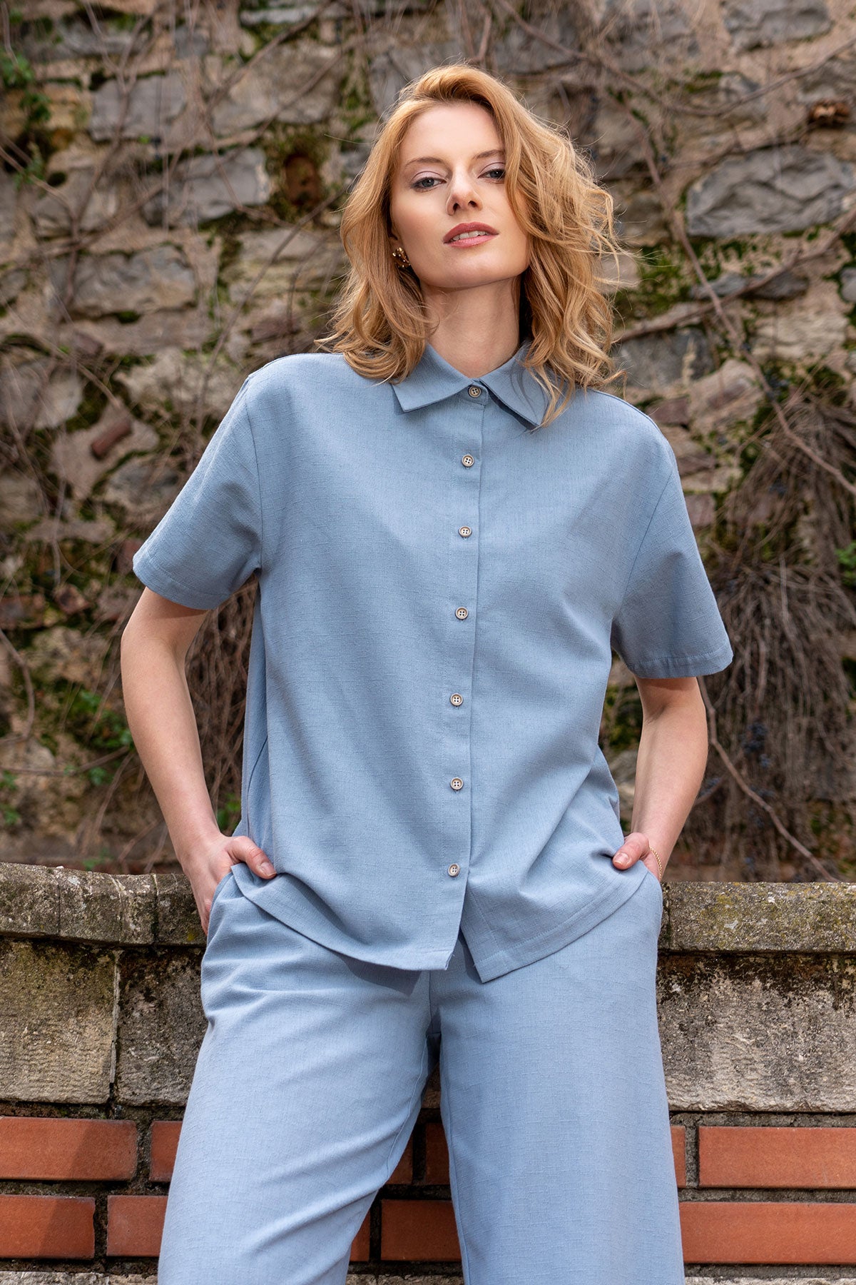 KADIN PAMUK KISA KOL GOMLEK BILEK BOY CEPLI PANTOLON TAKIM