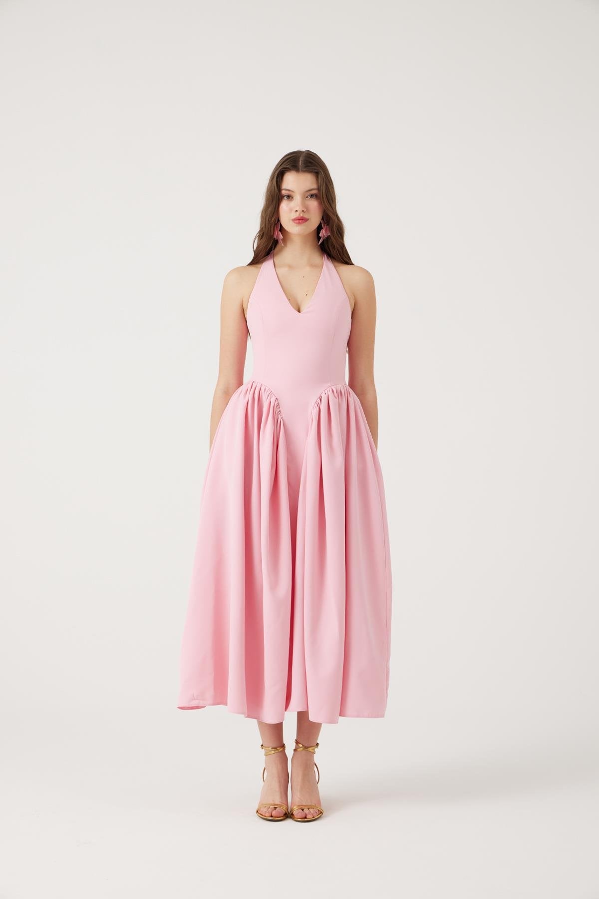 Boyundan Bağlamalı Bele Oturan Uzun Ophelia Elbise Pembe