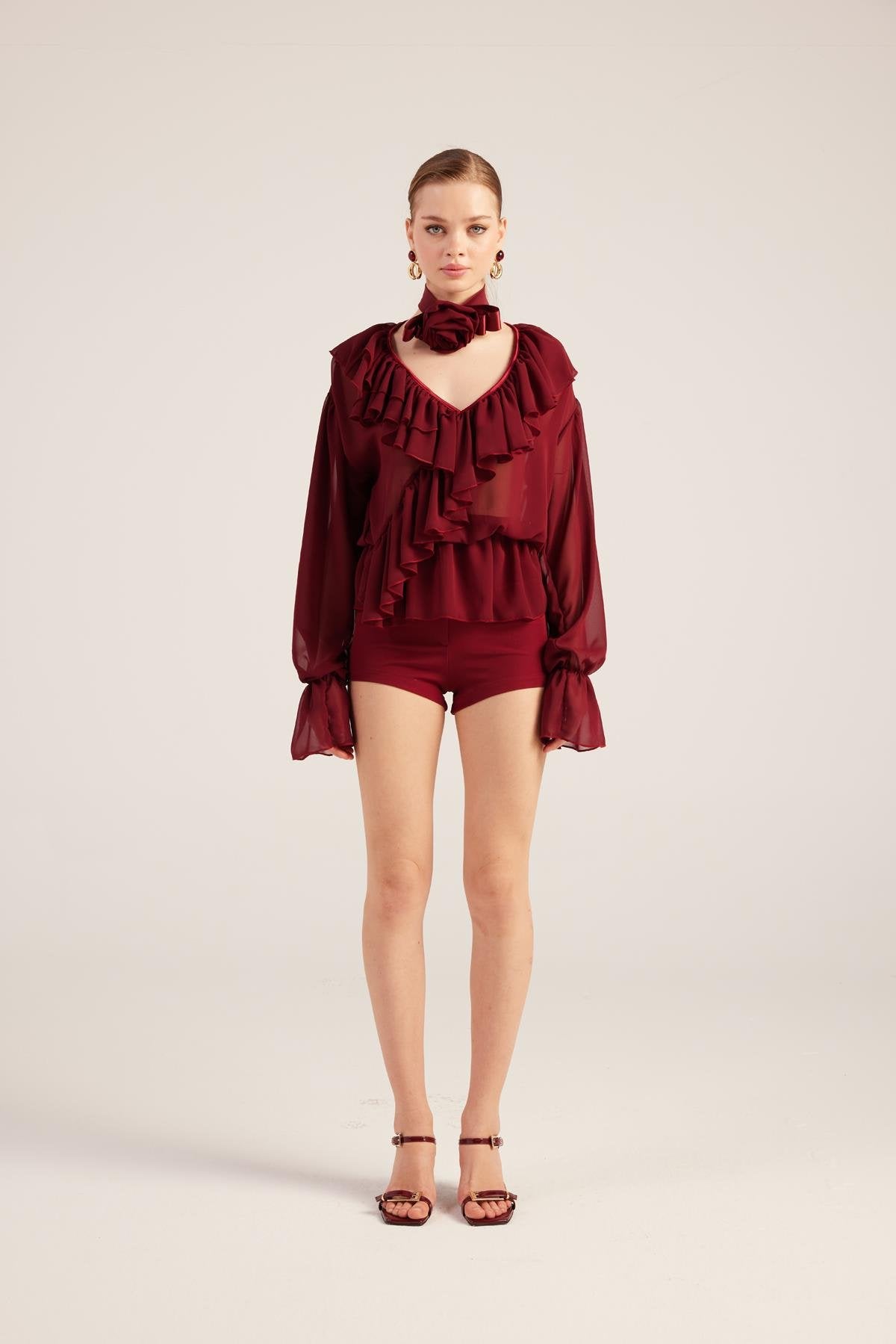 Fırfırlı Güllü Choker Aksesuarlı Şifon Sassy Gömlek Bordo Bordo L