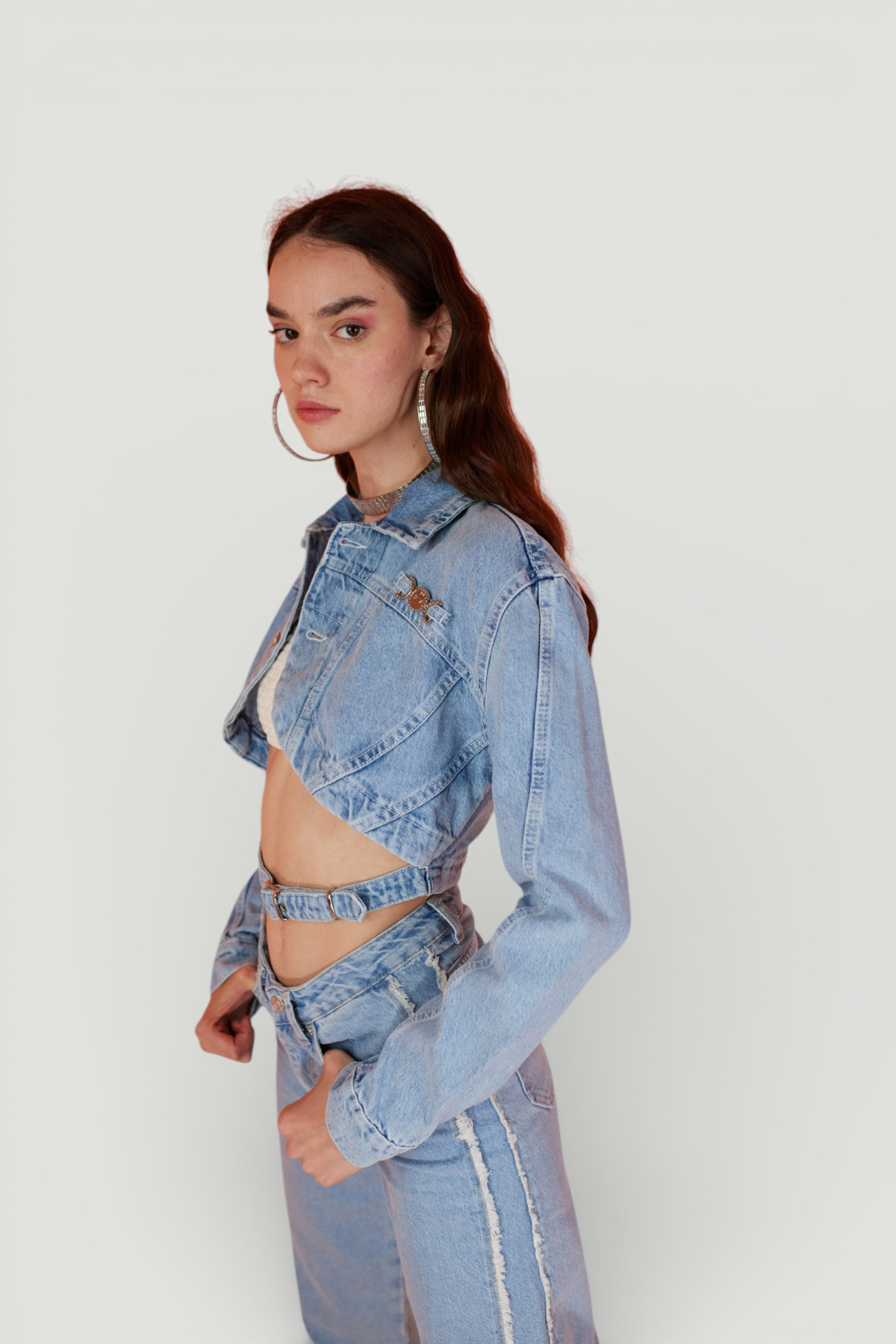 Crop Model Düğme Kapamalı Biana Jean Ceket Mavi