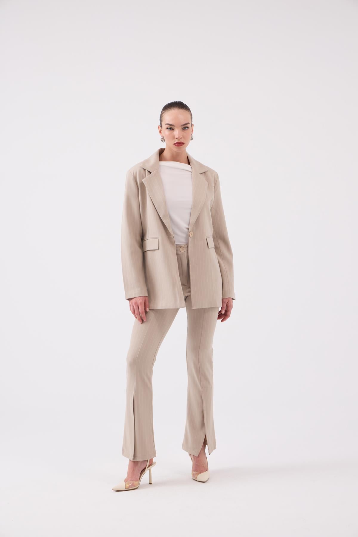 Vatkalı Astarlı Blazer Striped Blazer Ceket Bej