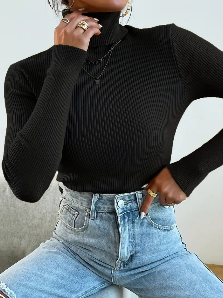 Women's Long Sleeve Turtleneck Ribbed Blouse