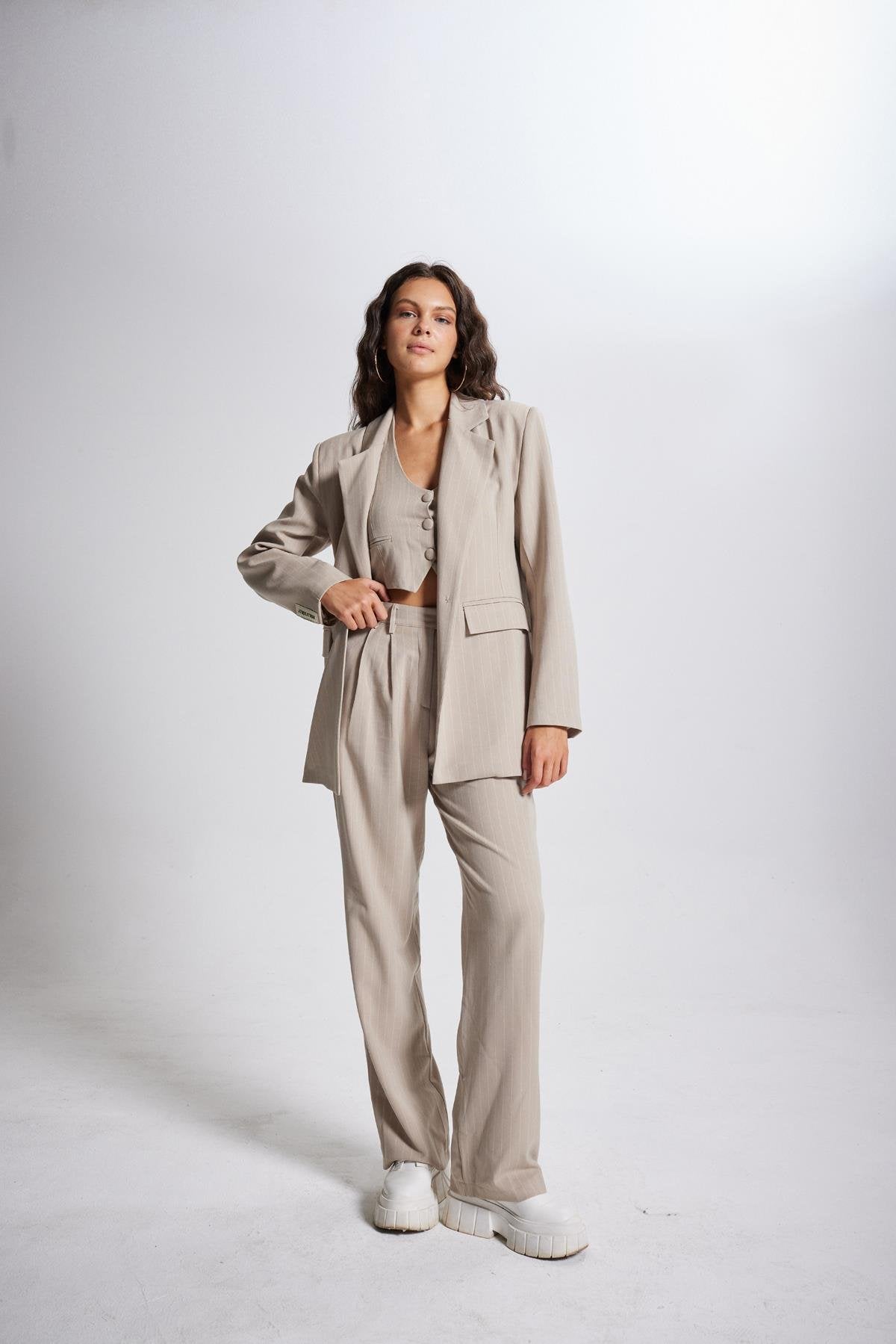 Striped Blazer Ceket Bej