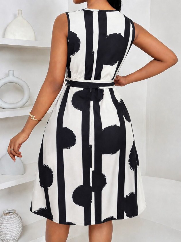 Women's Sleeveless V-Neck Patterned Short Jersey Dress with a Tie Waist