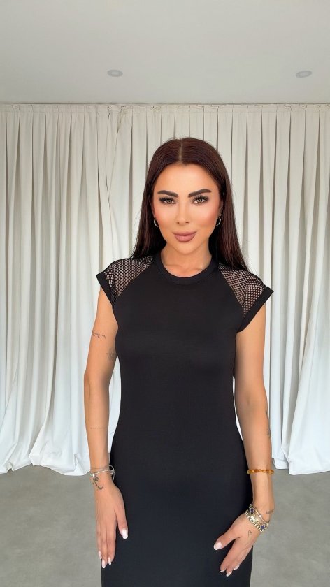 Kadın Omuz File Detay Iki Yandan Yırtmaç Detay Yanları Yırtmaçlı Midi Boy Elbise