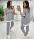 Women's Gray Hooded Skirt Hem Detail Patch Reverse Stitch Look Two-Piece Set
