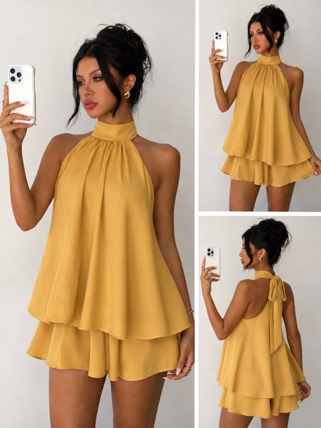 Kadın Halter Yaka Volan Detaylı Mini Elbise