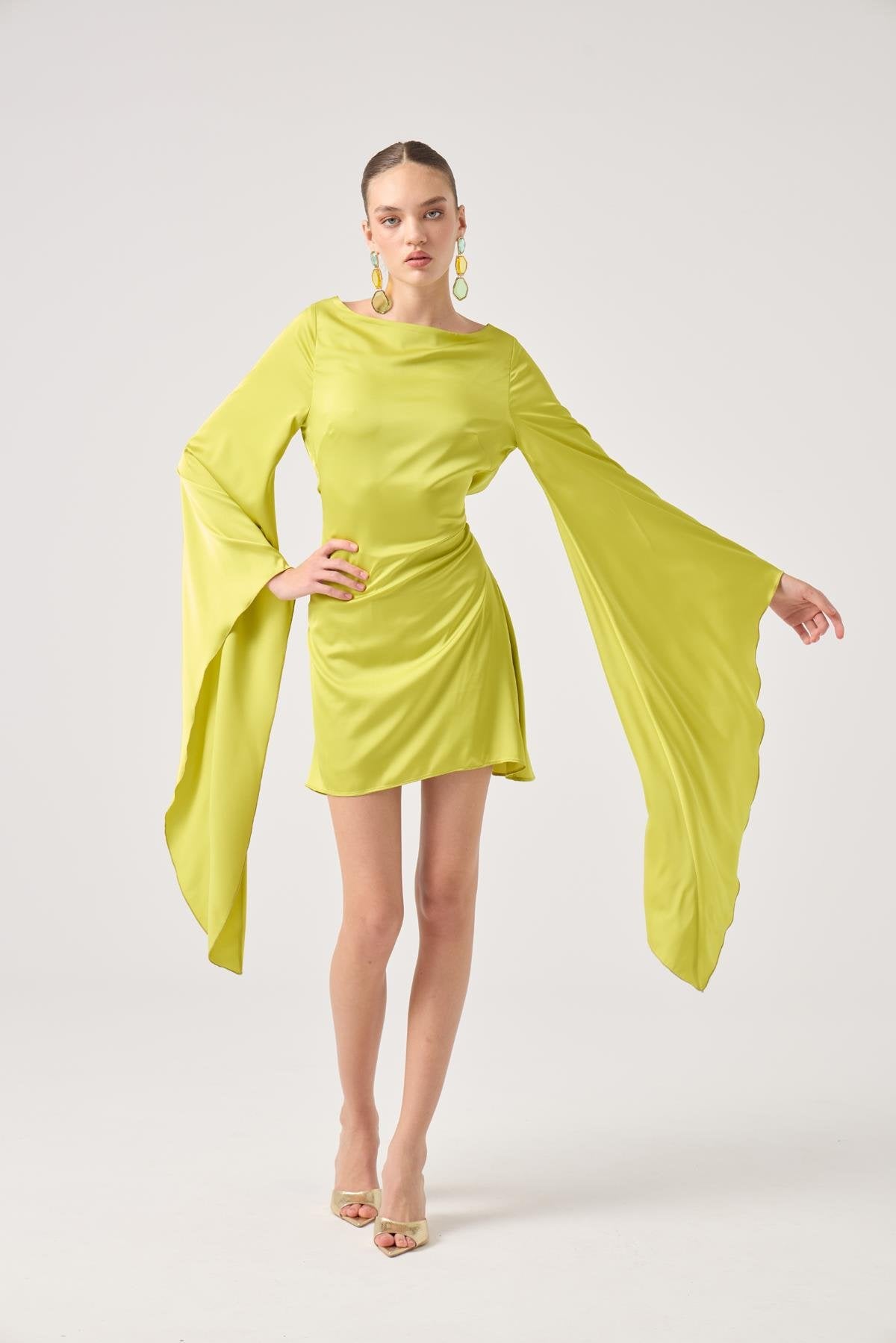 Sırtı Açık İspanyol Kol Saten Halle Elbise Yeşil Yeşil L