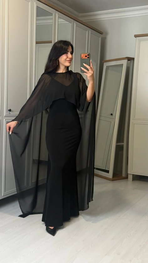 Kadın Transparan Pelerin Detay Askılı Maxi Boy Elbise