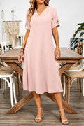 Women's Short Sleeve V Neck Crinkled Midi Dress