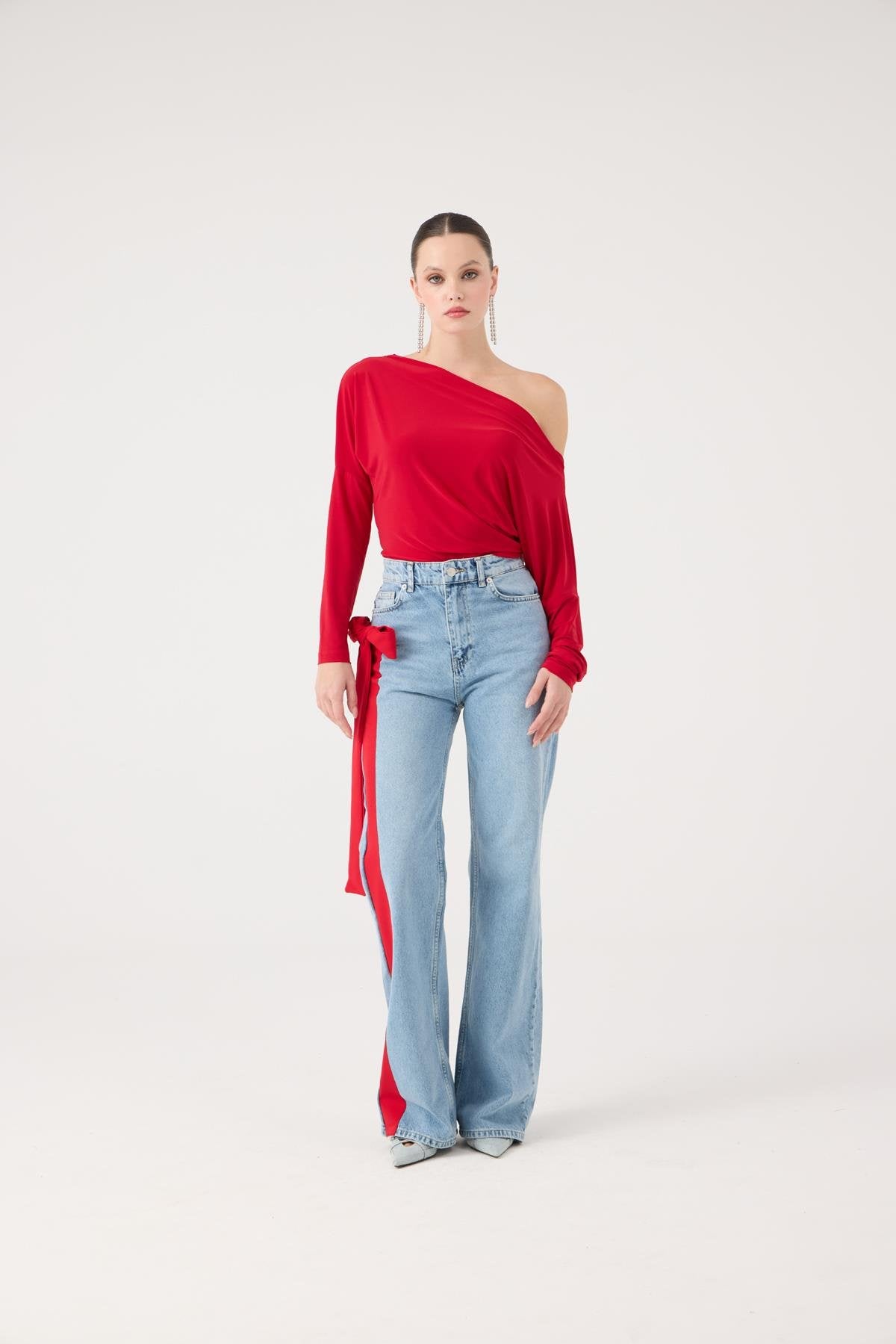 Yüksek Bel Kurdele Detaylı Wide Leg Kyla Jean Pantolon Mavi