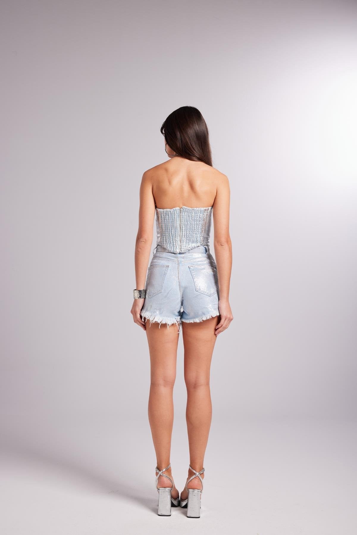 Özel Yapım Parlak Kaplamalı Glossy Jean Şort Mavi