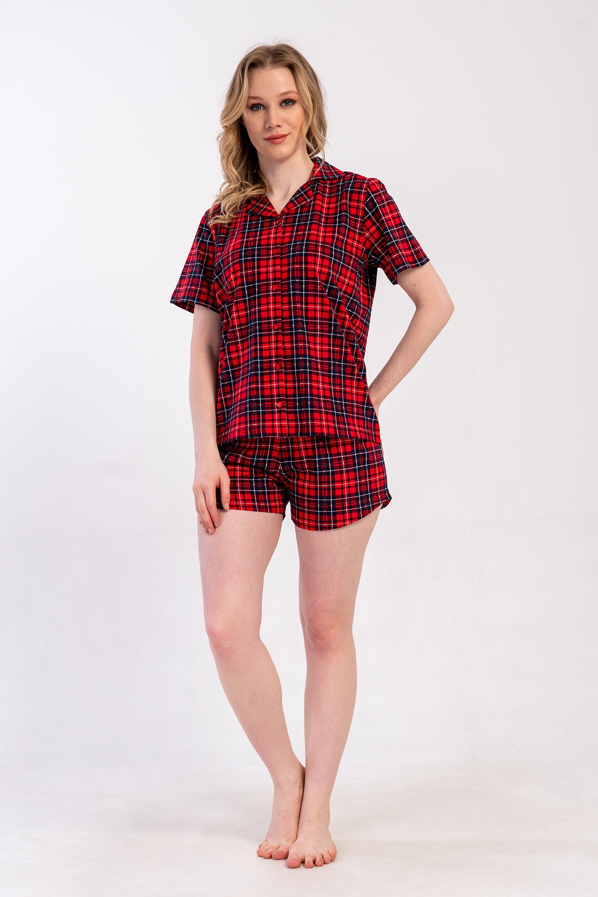 Woman Supreme Big Size Red Plaid Short Set
