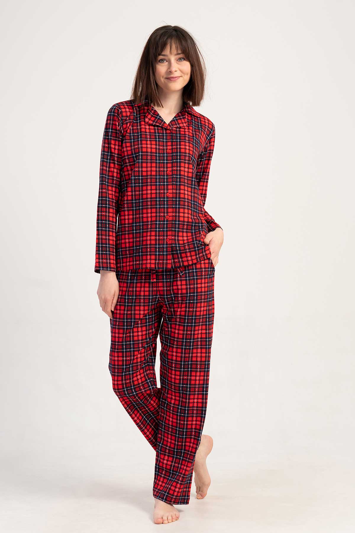 KADIN P.SUPREM GOMLEK YAKA TAMAMI DUGMELI UZUN KOL ETEGI OVAL CEPLI PIJAMA TAKIM