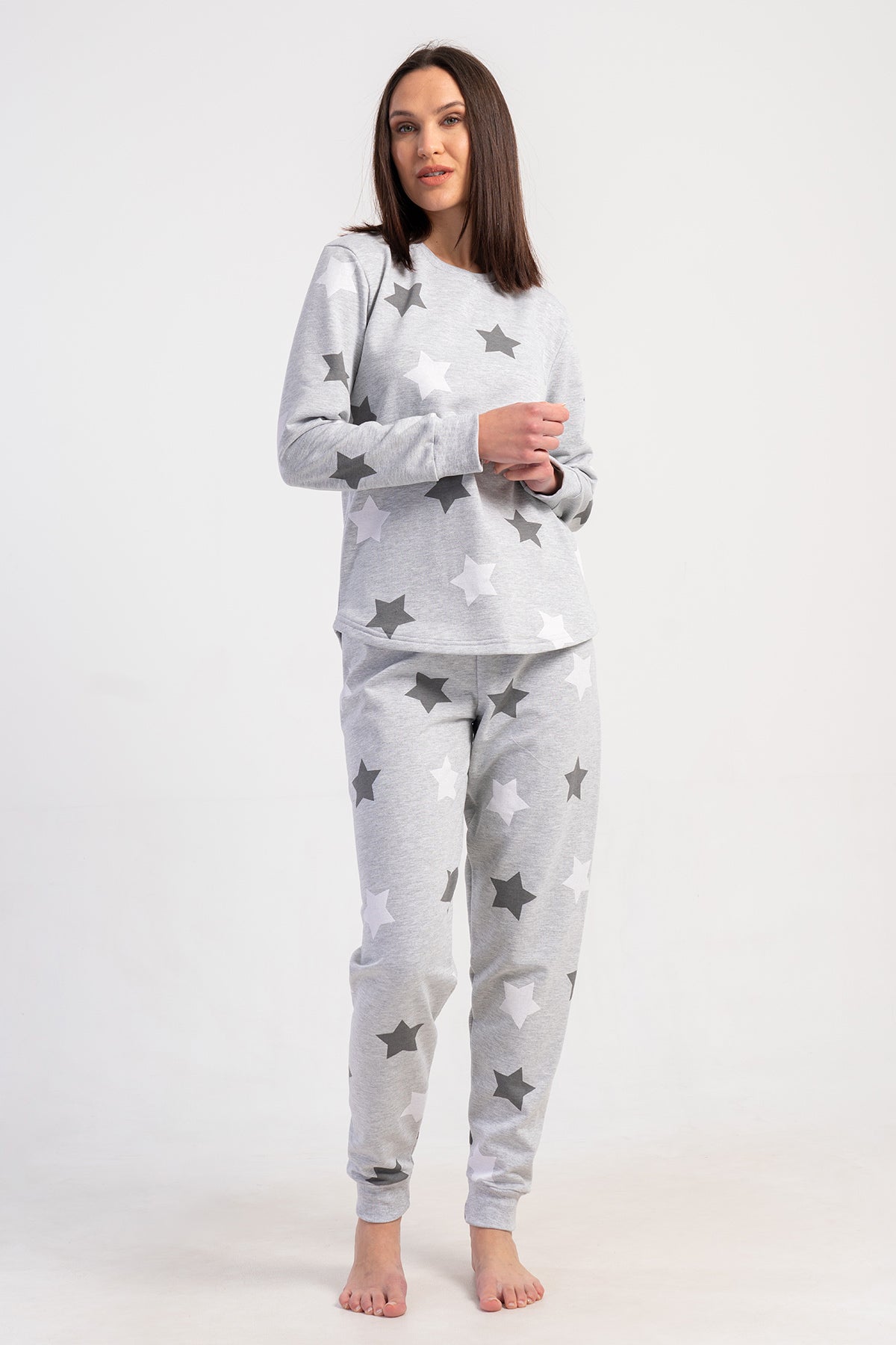 KADIN 2IPLIK XXL O YAKA UZUN KOL ETEGI OVAL MANSETLI PIJAMA TAKIM