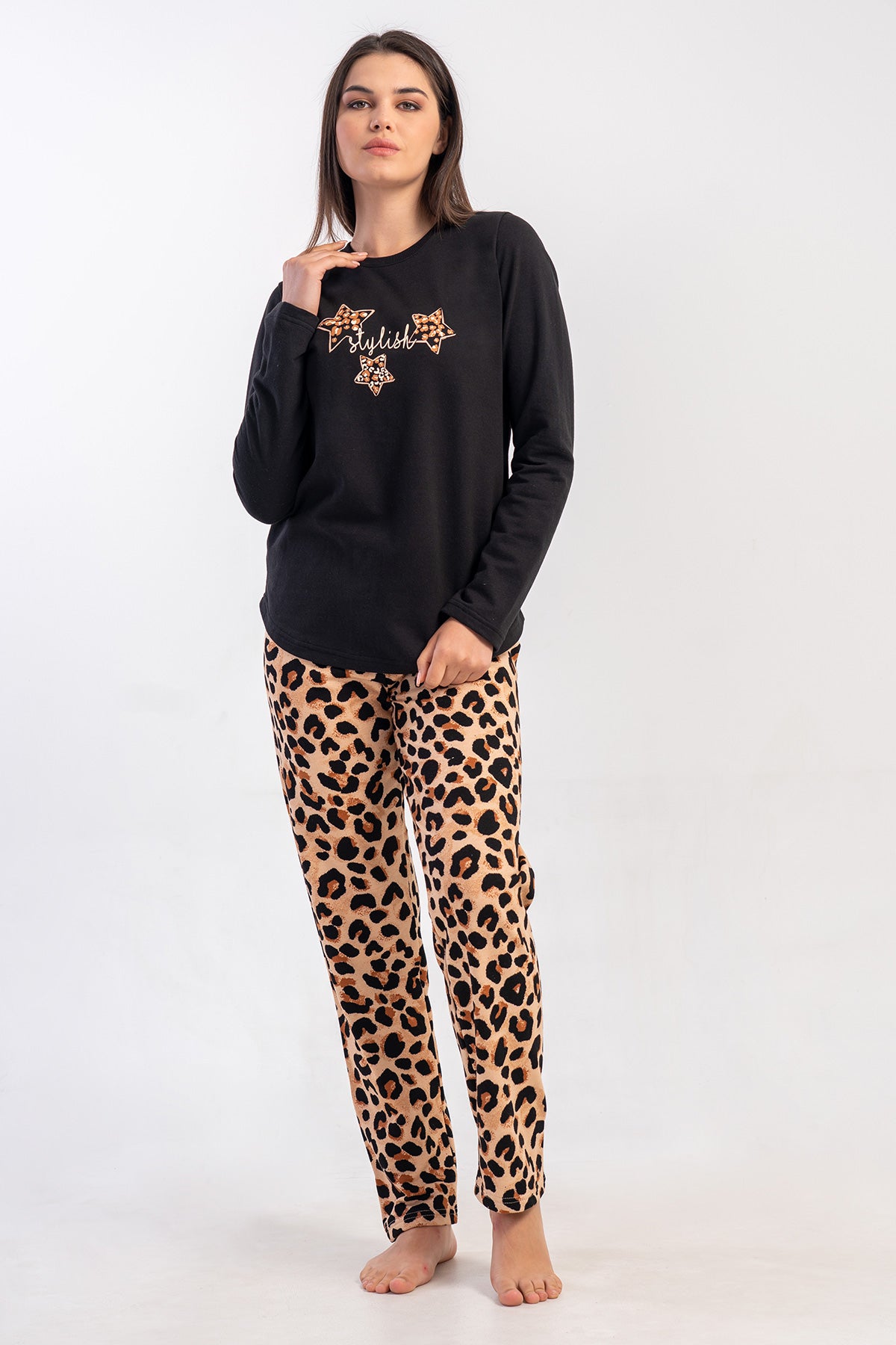 KADIN 2IPLIK O YAKA UZUN KOL ETEGI OVAL PIJAMA TAKIM