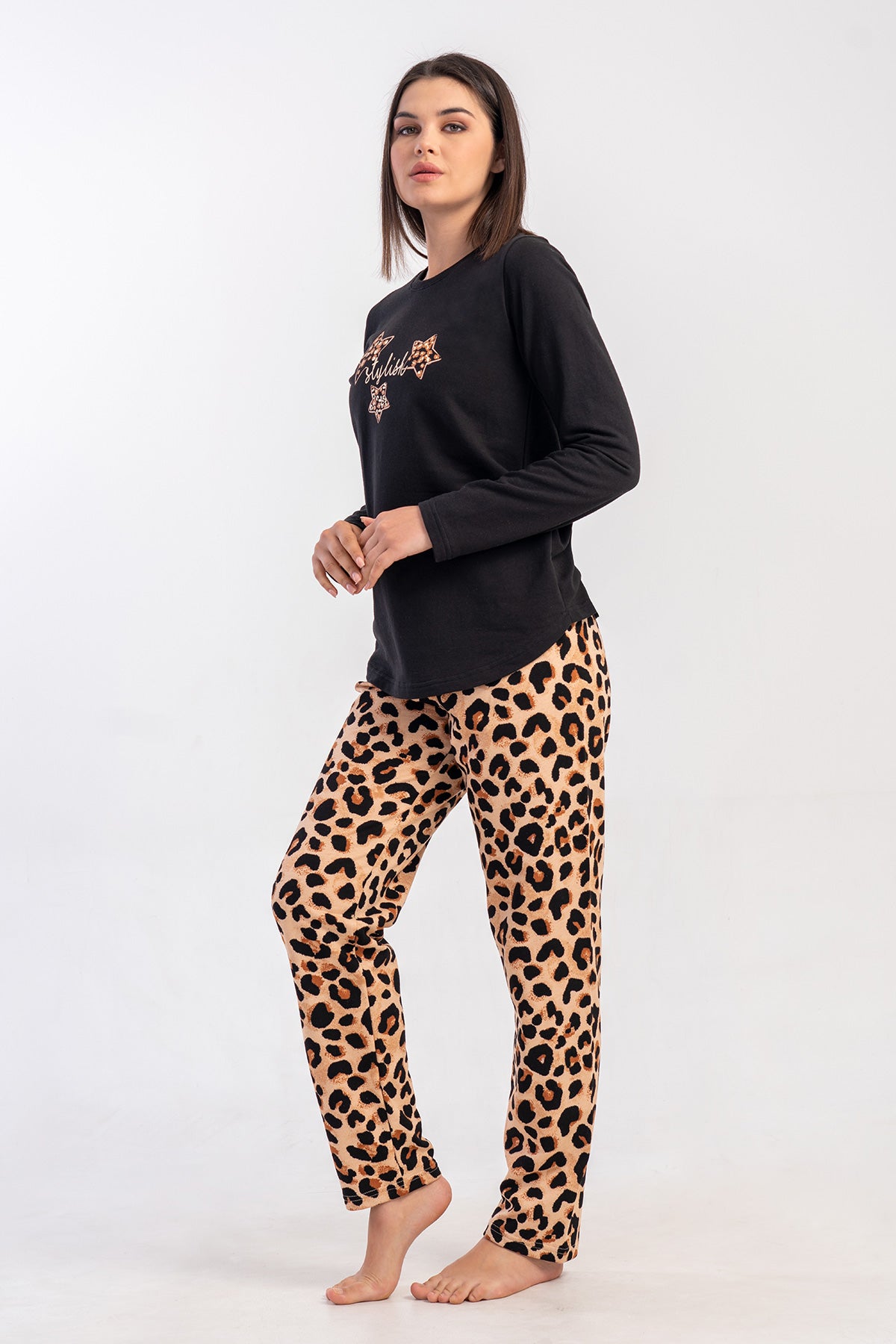 KADIN 2IPLIK O YAKA UZUN KOL ETEGI OVAL PIJAMA TAKIM