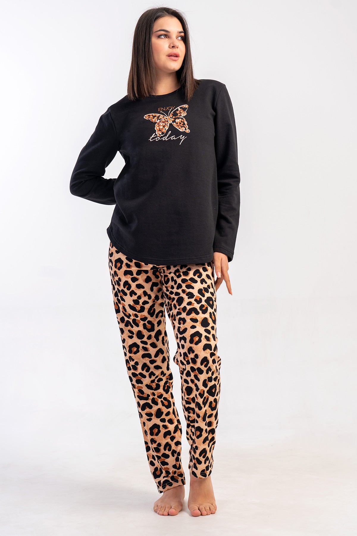 KADIN 2IPLIK XXL O YAKA UZUN KOL ETEGI OVAL PIJAMA TAKIM