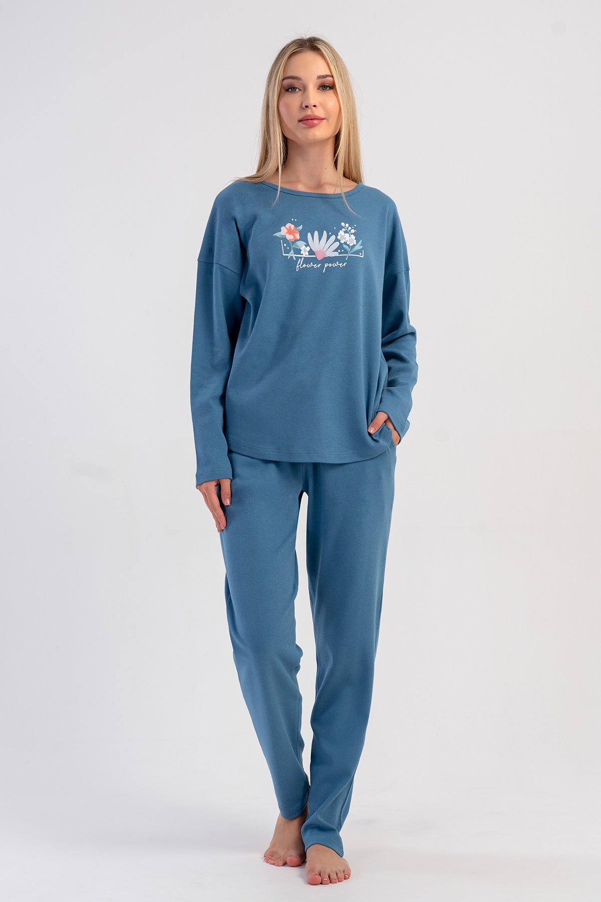 KADIN INTERLOK O YAKA DUSUK OMUZLU UZUN KOL ETEGI OVAL CEPLI PIJAMA TAKIM