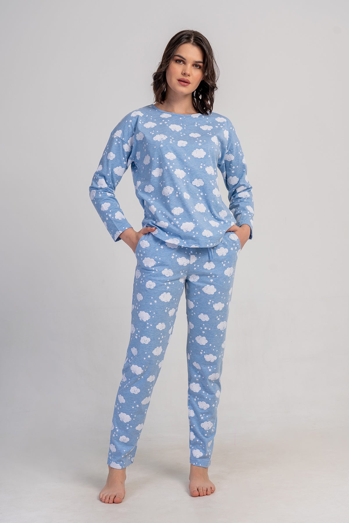 KADIN P.SUPREM O YAKA DUSUK OMUZLU UZUN KOL ETEGI OVAL CEPLI PIJAMA TAKIM