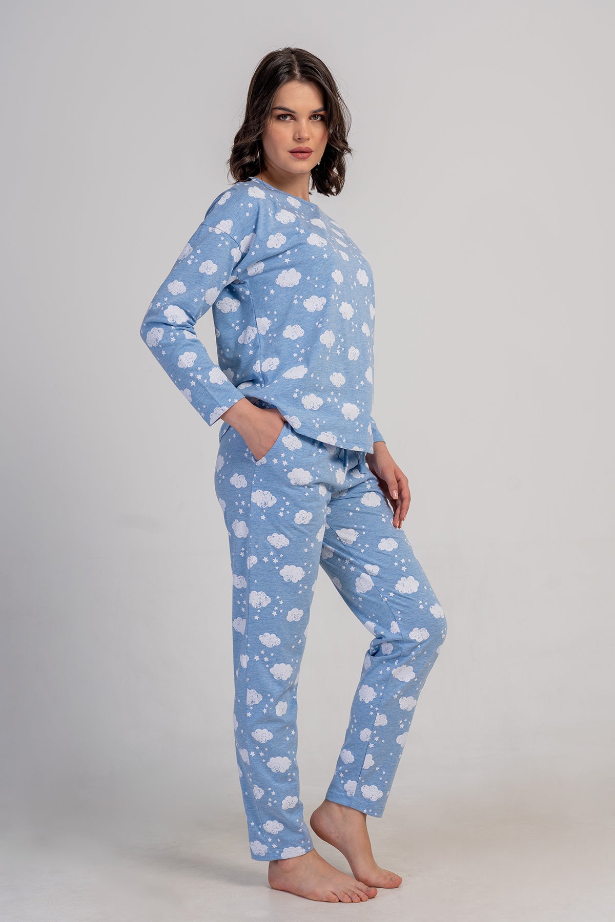 KADIN P.SUPREM O YAKA DUSUK OMUZLU UZUN KOL ETEGI OVAL CEPLI PIJAMA TAKIM