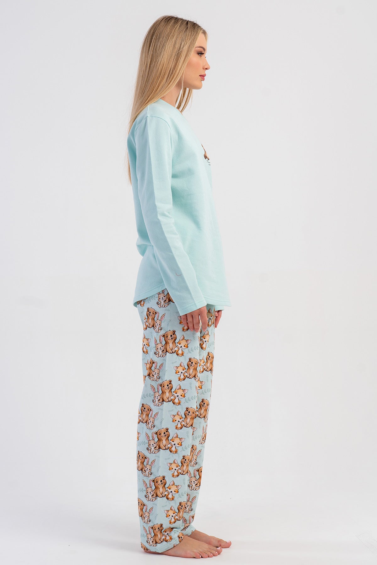 KADIN 2IPLIK O YAKA UZUN KOL ETEGI OVAL PIJAMA TAKIM