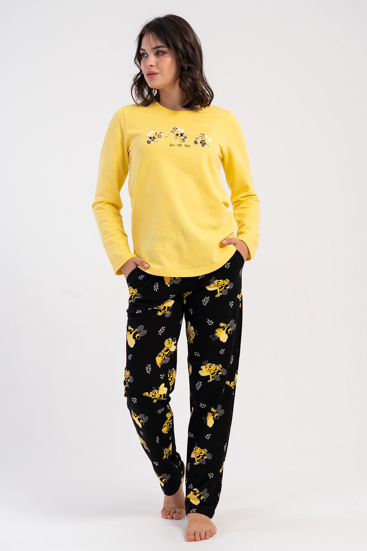 KADIN 2IPLIK O YAKA UZUN KOL ETEGI OVAL CEPLI PIJAMA TAKIM