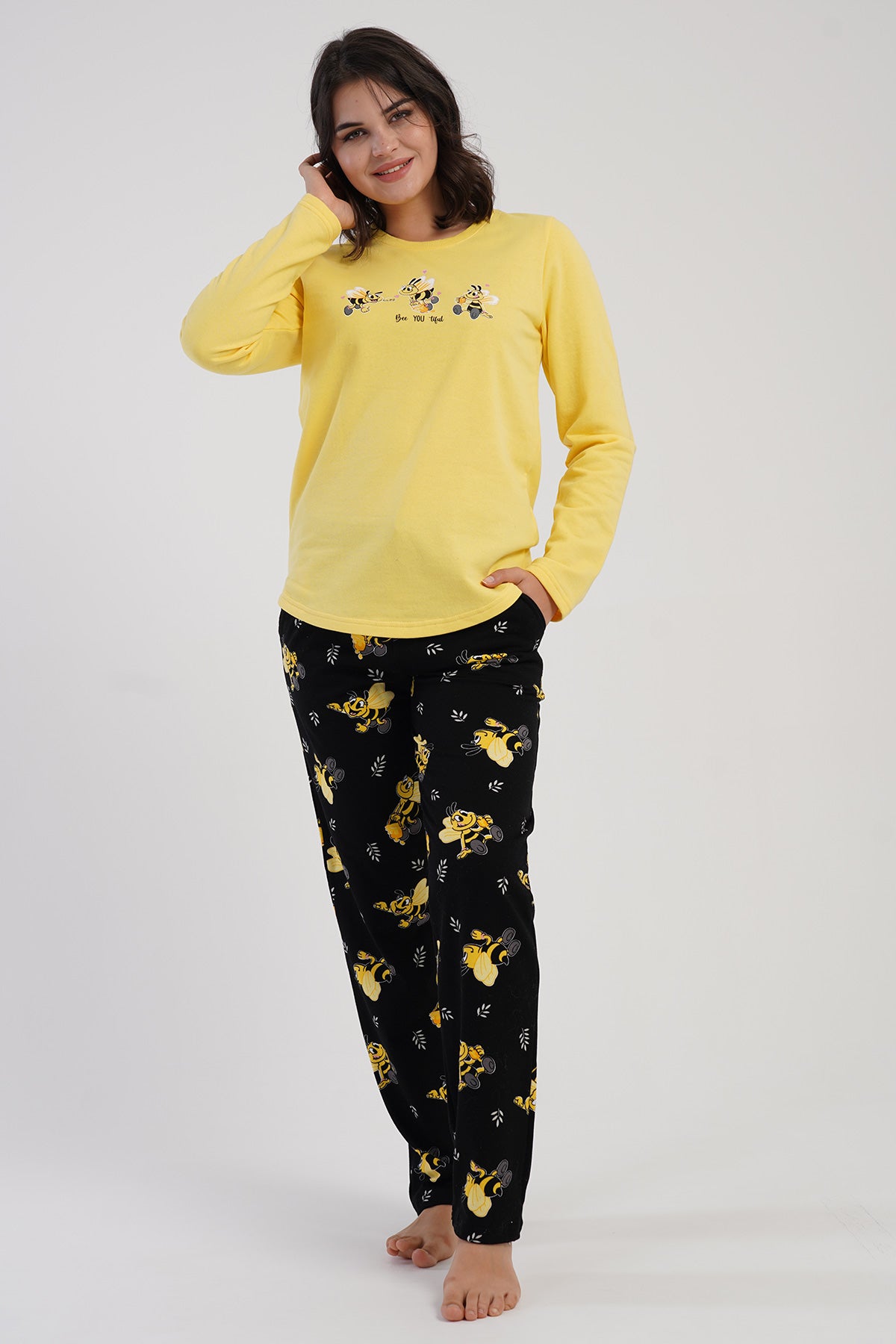 KADIN 2IPLIK O YAKA UZUN KOL ETEGI OVAL CEPLI PIJAMA TAKIM