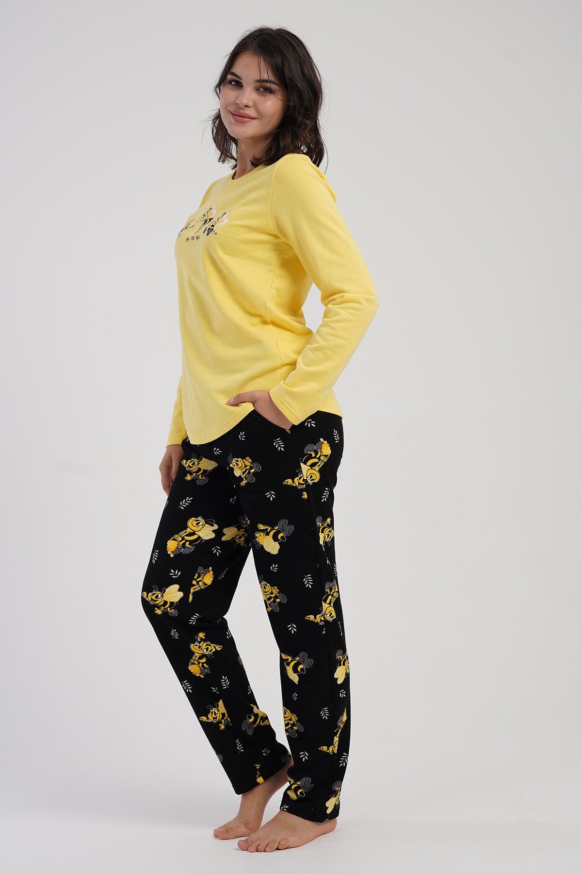 KADIN 2IPLIK O YAKA UZUN KOL ETEGI OVAL CEPLI PIJAMA TAKIM