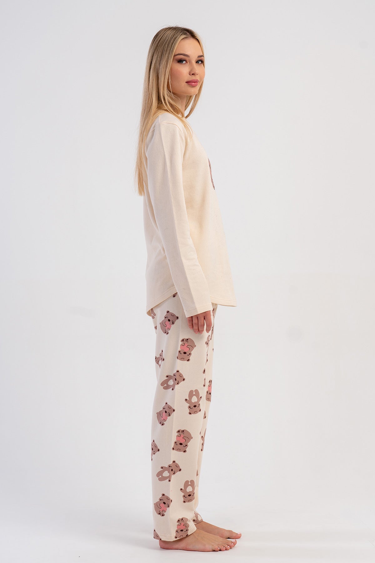 KADIN 2IPLIK O YAKA UZUN KOL ETEGI OVAL PIJAMA TAKIM