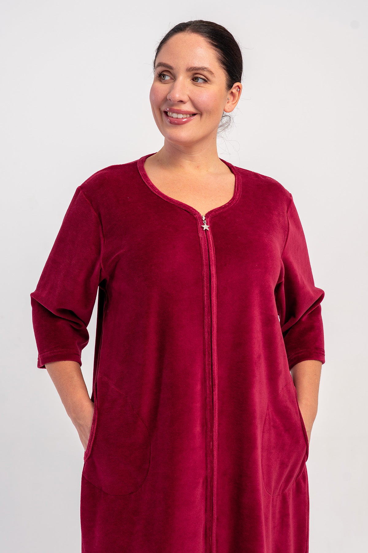 KADIN PAMUK KADIFE XXL 3/4 KOL CEPLI FERMUARLI EV ELBİSESİ