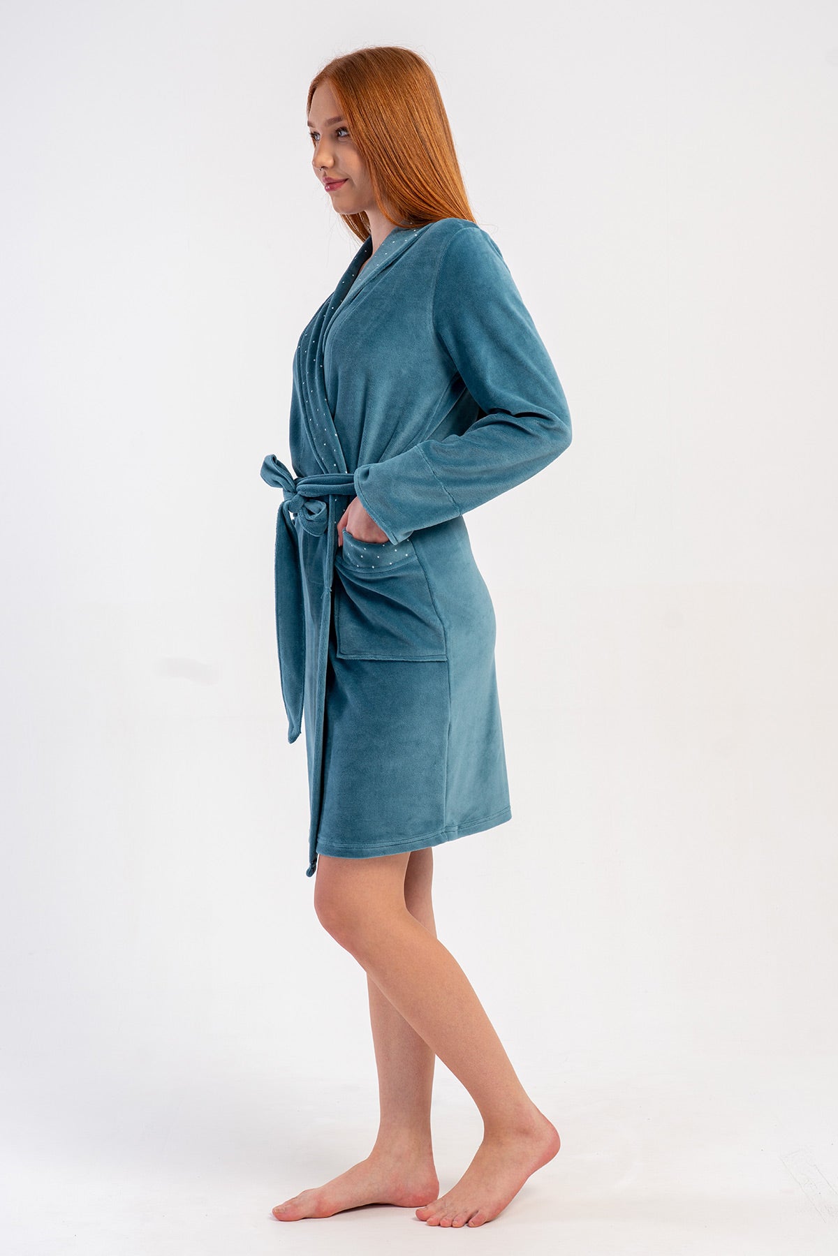 KADIN PAMUK KADIFE UZUN KOL CEPLI SAL YAKA SABAHLIK