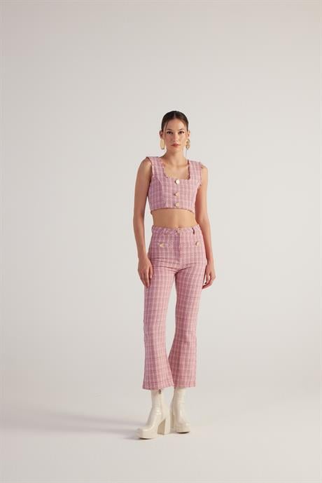 Tweed Pantolon Pembe Pembe L