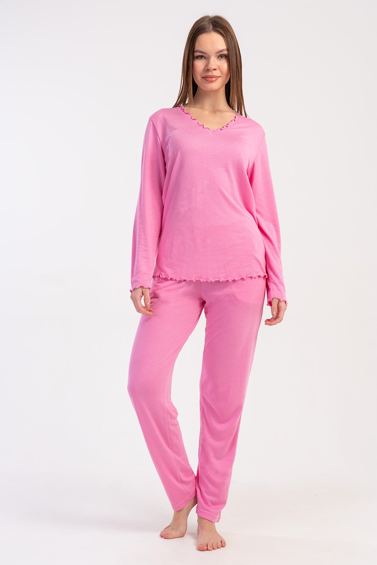 KADIN VISKON UZUN KOL UZUN PACA YAKA VE KOL UCU BIBILALI CEPLI PIJAMA TAKIM