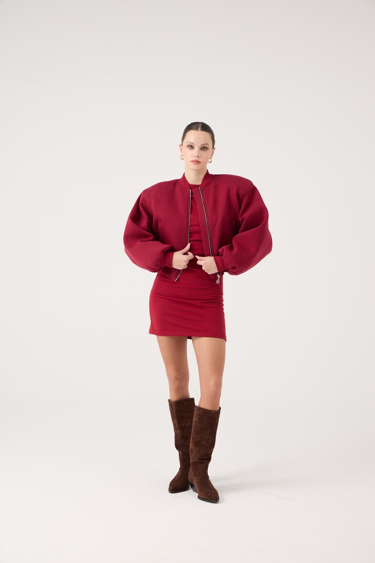 Crop Kesim Vatkalı Parker Bomber Ceket Bordo