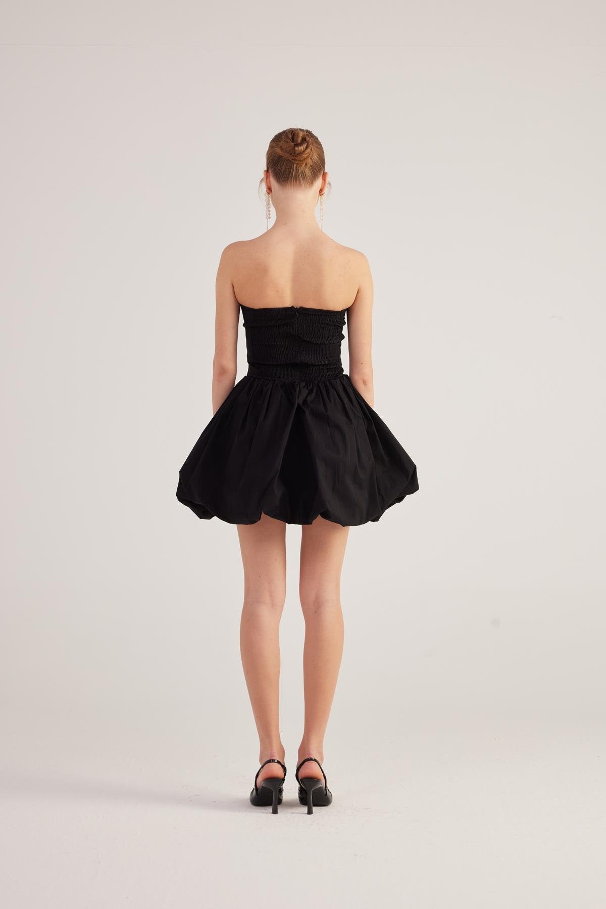 Balon Etekli Kurdelalı Mini Martha Elbise Siyah