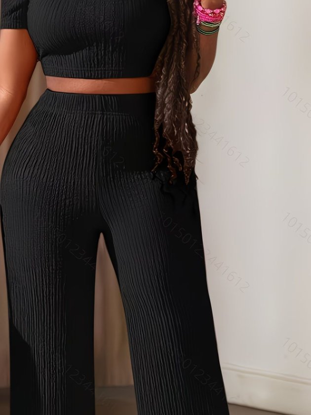 Women's Short-Sleeve Crew-Neck Crinkled Crop Top and Pants Two-Piece Set