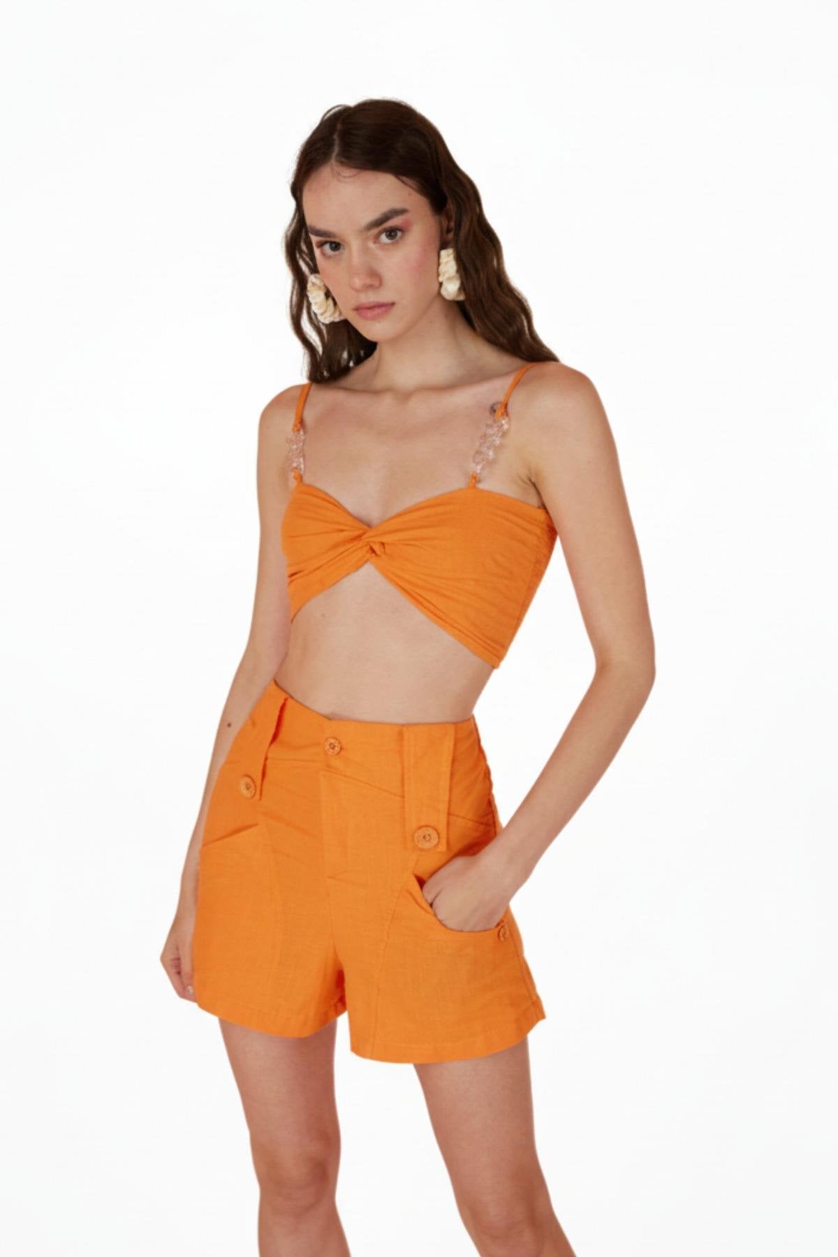 Koton Kumaş Şeffaf Rise Zincir Detaylı Bluz Turuncu