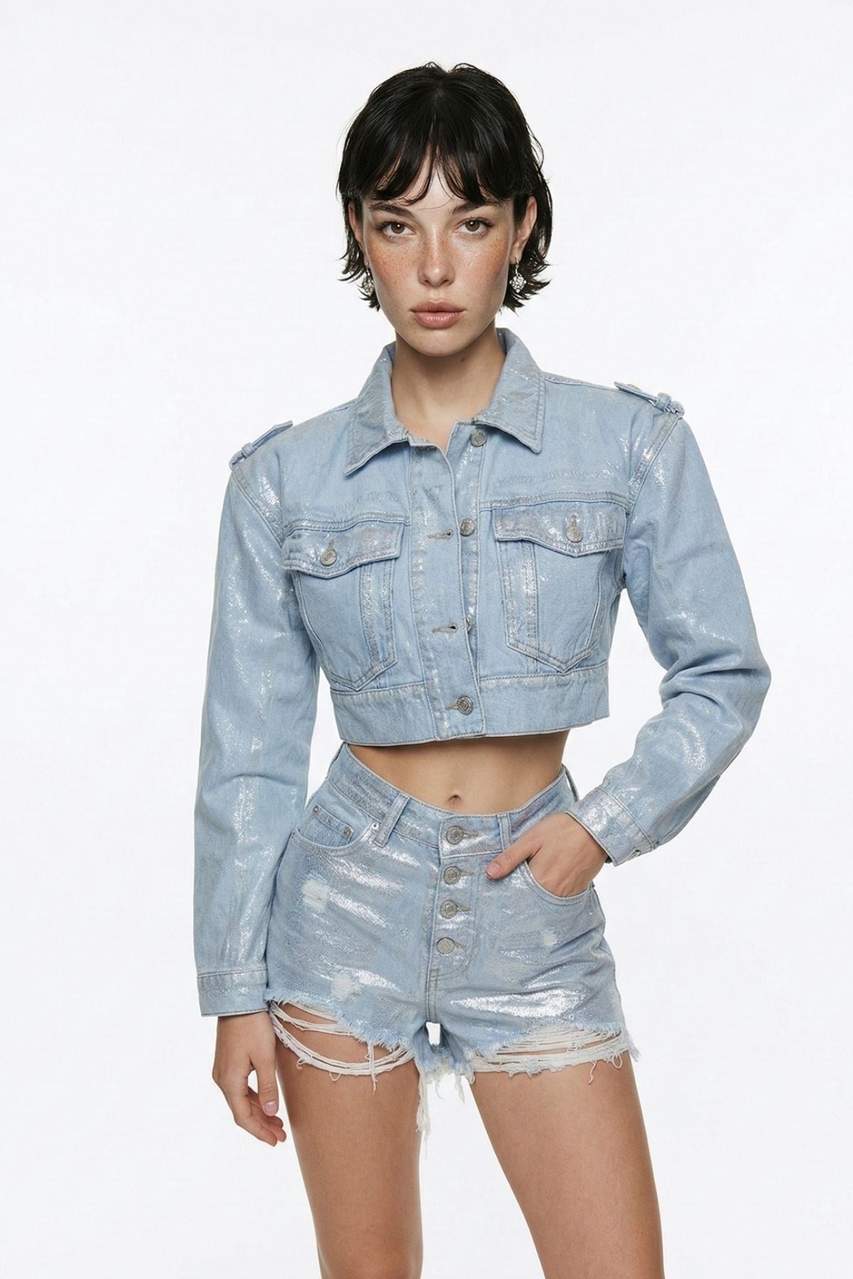Özel Yapım Parlak Kaplamalı Glossy Jean Şort Mavi