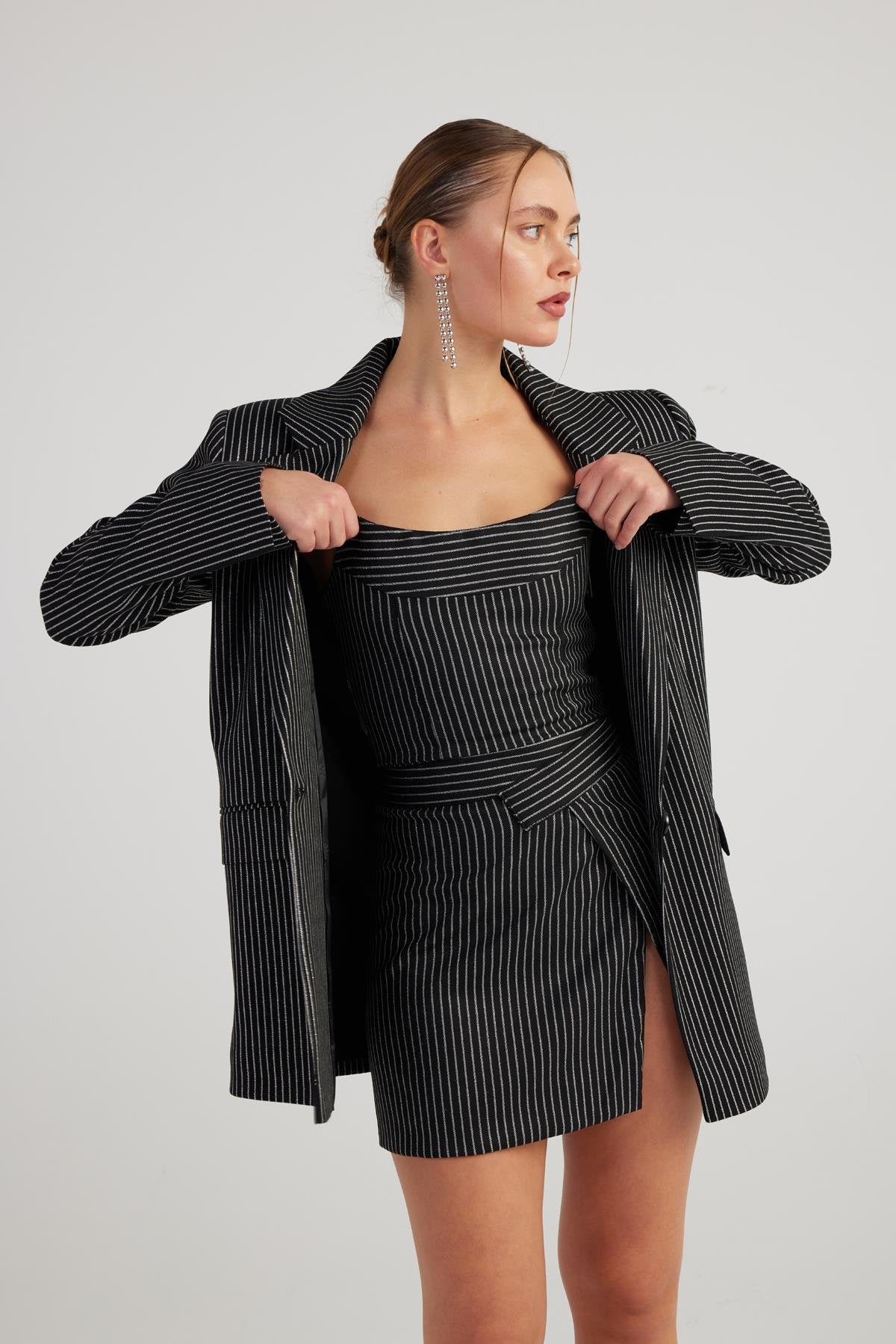 Simli Çizgili Crop Eden Büstiyer Siyah