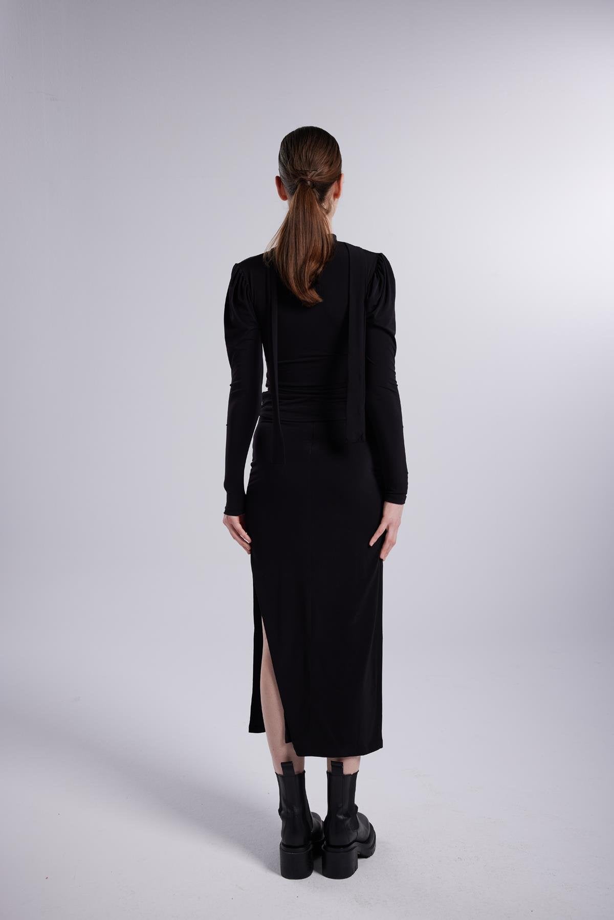 Çift Yırtmaçlı Maxi Serre Etek Siyah