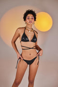 Custom Made Shiny Fabric H Accessorized Triangle Ivory Bikini Top Black