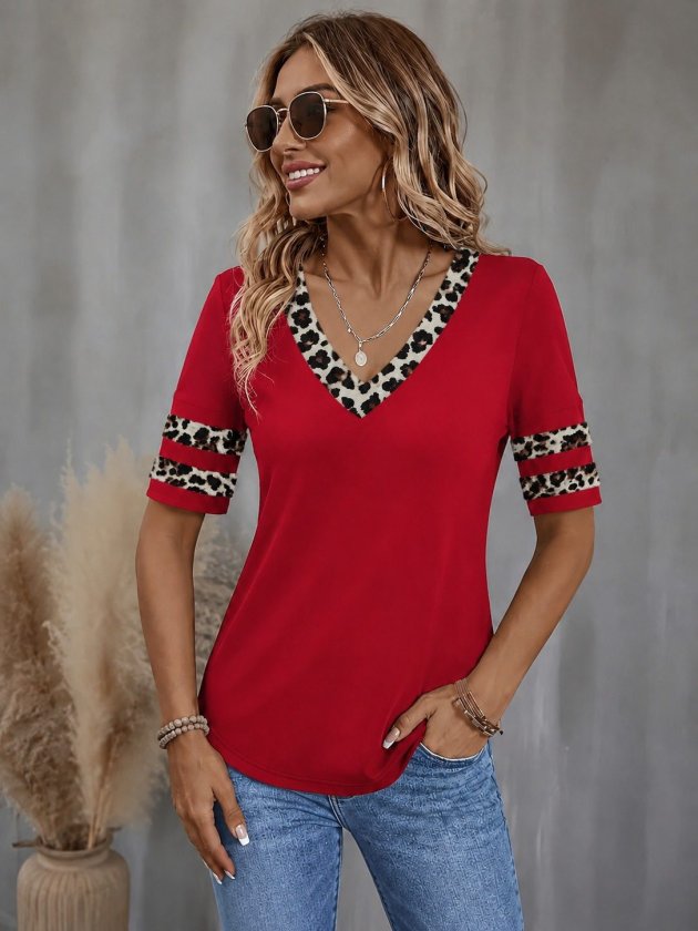 Women's Short-Sleeve V-Neck Leopard-Print Viscose Blouse